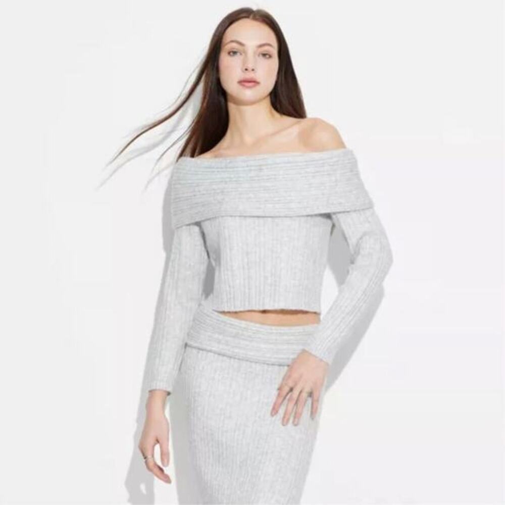 Wild Fable Women's Long Sleeve Off Shoulder Sweater‎ Top Light Gray Size XXL